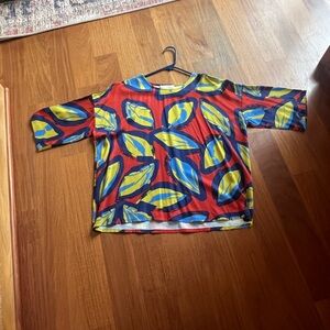 Anthropologie Red and Blue Leaf Print Blouse